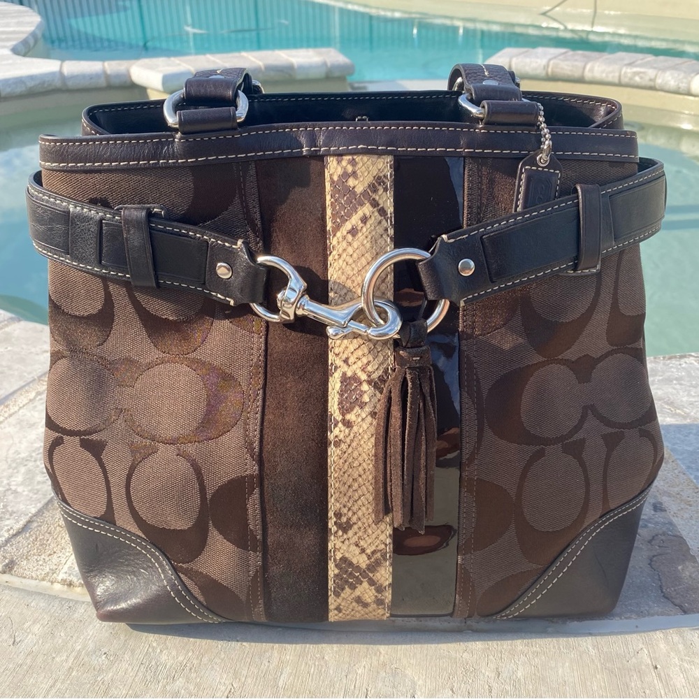 COACH Brown Hampton Signature Snake Skin Shoulder Bag